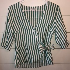 FRNCH green and white stripe tie blouse